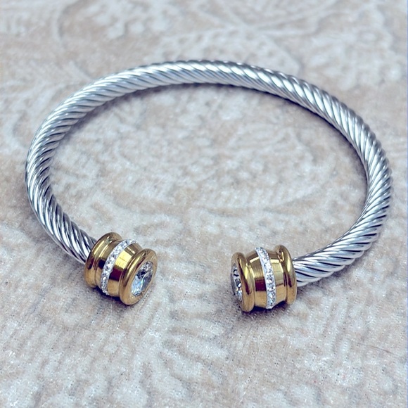 Gold & Silver Two-Tone Twisted Cable Cuff Bangle Bracelet Crystal Rhinestone - Picture 12 of 12